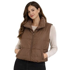 Autommet Brown Puffer Vest Zip Front Sleeveless Jacket Size M